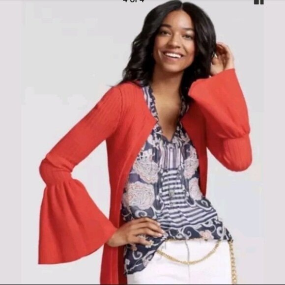 CABI | Red Ribbed Balloon Cuff Cardigan Sweater Sz S - Picture 1 of 9